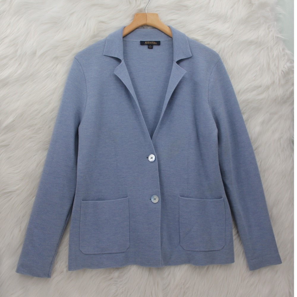 Brooks Brothers Women's Blue Knit Sweater Blazer Extra Fine Merino Wool Size L